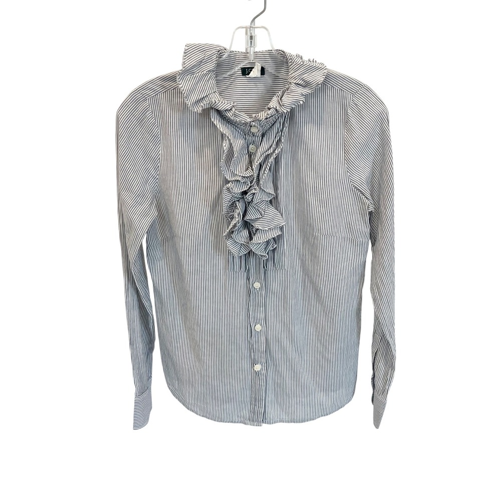 J.Crew Gray‎ White Striped Ruffle Collar Victorian Button Down Shirt Size Small